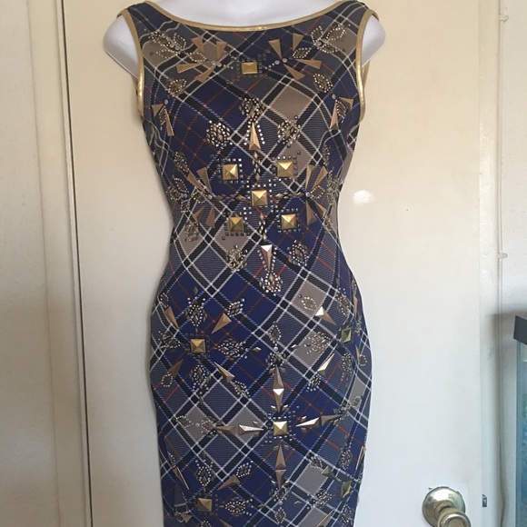 Va Va Voom Blue and Gold Geometric Dress - Picture 6 of 7